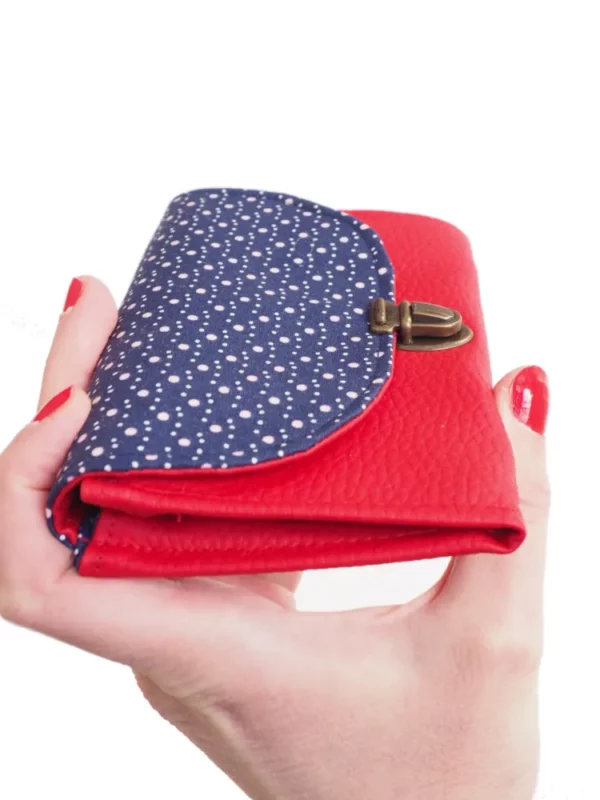 Portefeuille rouge bleu pois vue soufflet