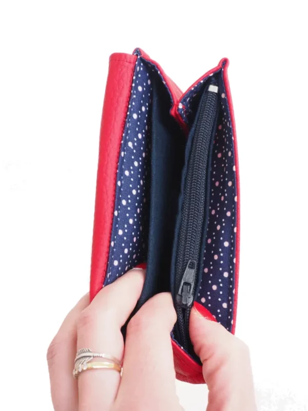 Porte monnaie femme fait main bleu rouge pois vue intérieur poche zippée et compartiments