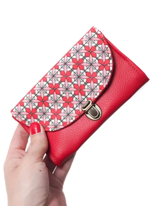 Porte monnaie femme attache cartable rétro simili cuir rouge et tissu géométrique