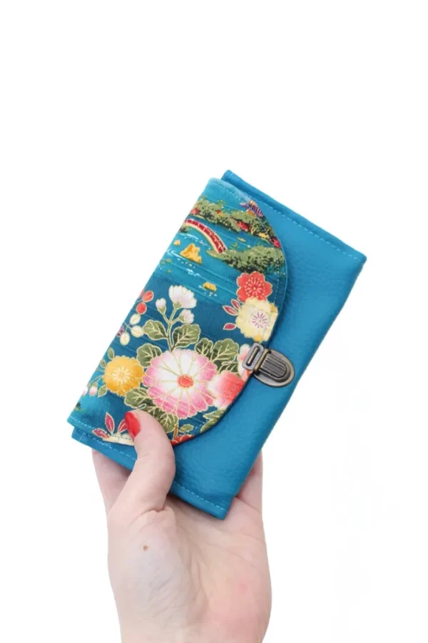Porte monnaie femme attache cartable rétro simili cuir turquoise tissu imprimé doré japonais fait main en France
