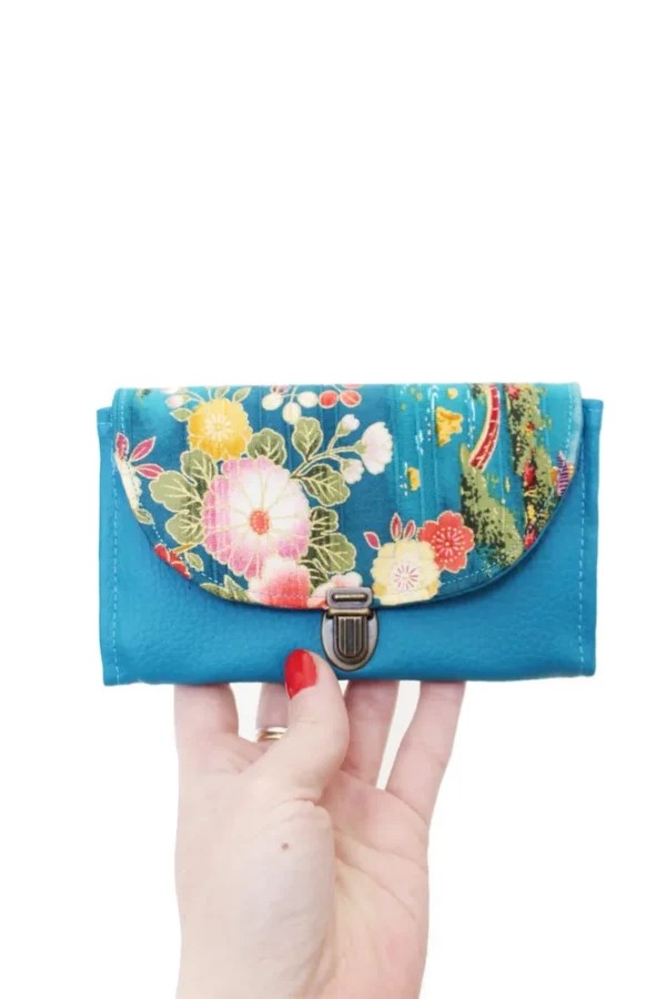 Porte monnaie cousu main en France tissu imprimé turquoise doré japonais
