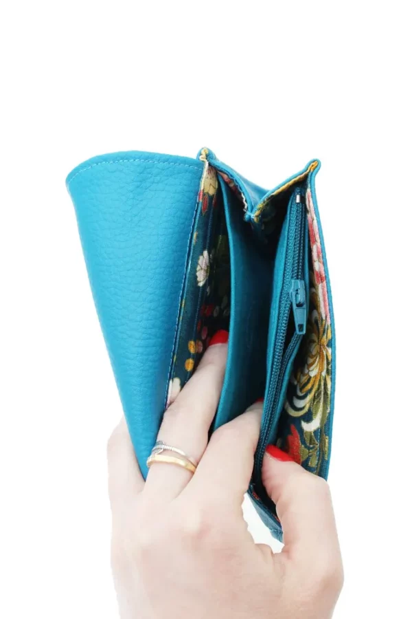 Porte monnaie femme turquoise doré japonais intérieur poche zippée compartiments cartes