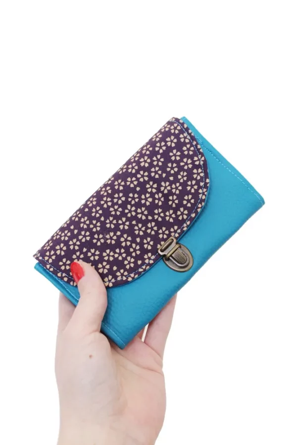 Porte monnaie femme attache cartable rétro turquoise violet fleurs