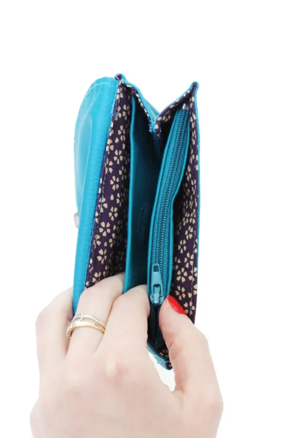 Porte monnaie femme turquoise violet fleurs intérieur poche zippée monnaie et compartiments