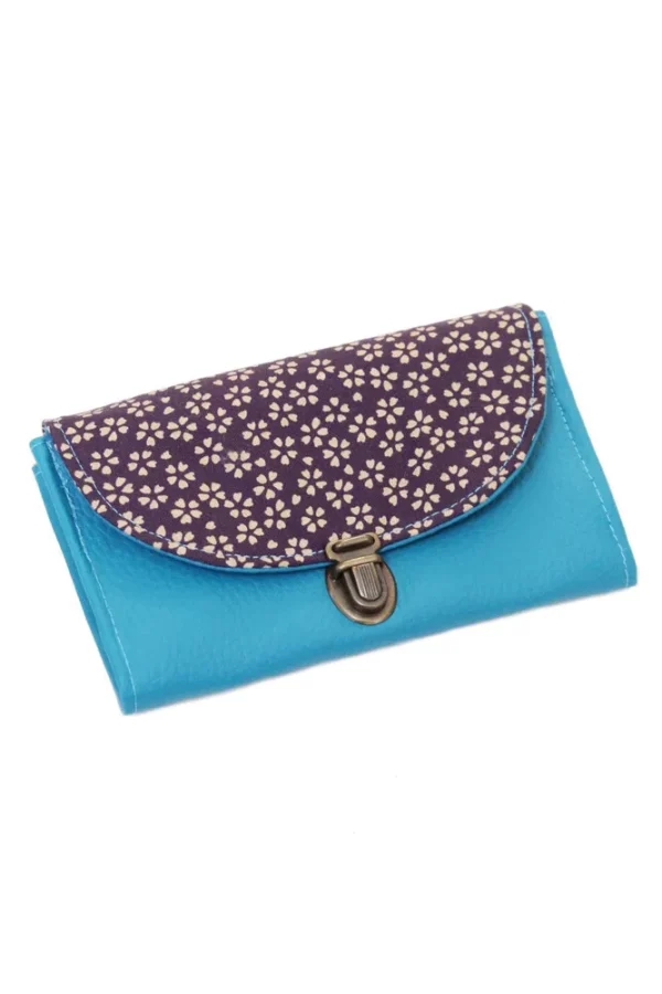 Porte monnaie fait main en France coloré turquoise violet fleurs