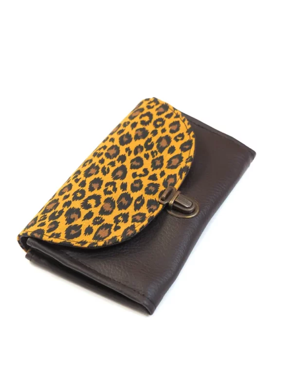 Portemonnaie femme simili cuir marron tissu imprimé léopard