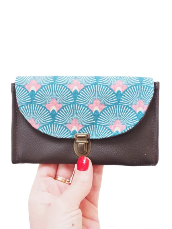 Porte monnaie cousu main en Bretagne marron et turquoise imprimé