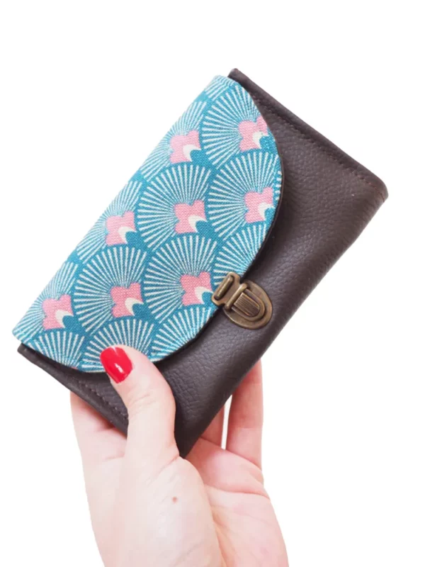 Porte monnaie femme attache cartable rétro simili cuir marron tissu imprimé turquoise