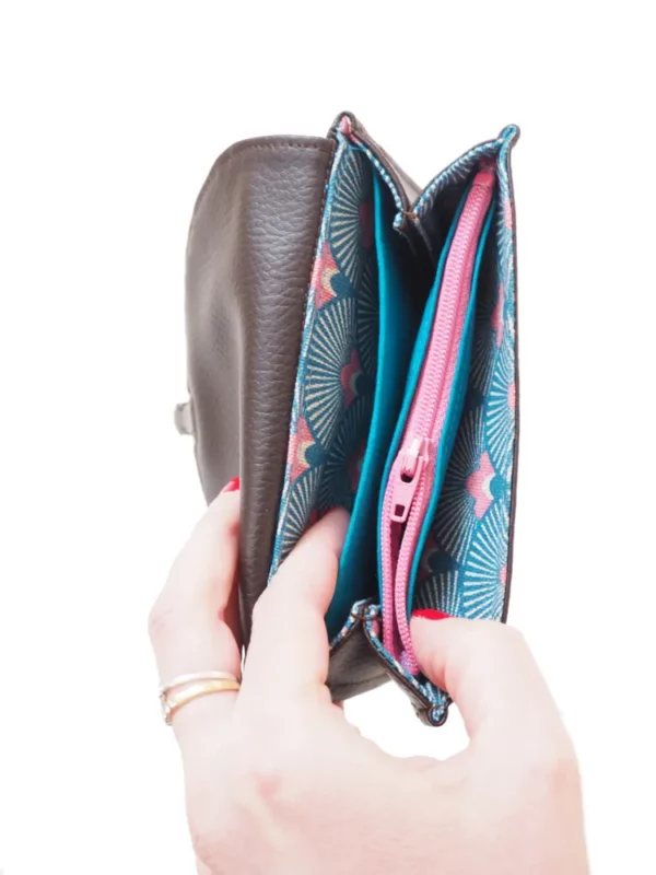Porte monnaie femme marron turquoise intérieur poche zippée monnaie compartiments cartes
