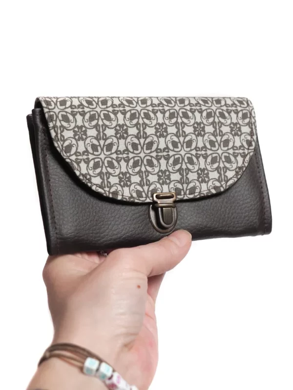 Porte monnaie femme attache cartable rétro simili cuir marron tissu imprimé gris