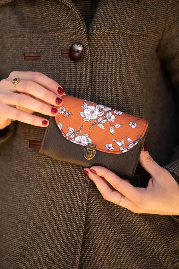 Porte monnaie femme cousu main marron rouille fleurs Juliette