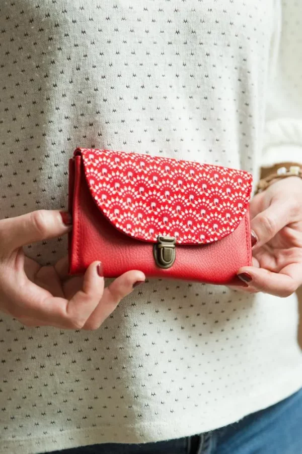 Porte monnaie femme attache cartable rétro simili cuir rouge tissu imprimé Aloïse