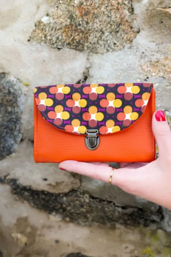 Porte monnaie femme fait main en France simili cuir rouille tissu imprimé rétro ronds