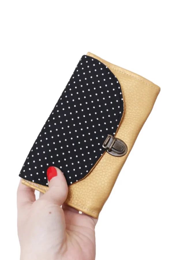 Porte monnaie femme attache cartable rétro simili cuir doré tissu imprimé noir pois fait main en Bretagne