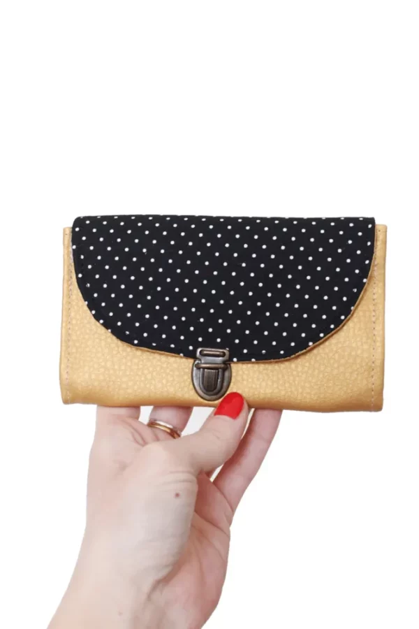 Porte monnaie chic femme simili cuir doré tissu imprimé noir pois fabriqué en France