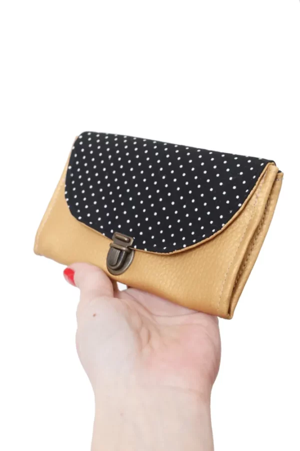 Porte monnaie femme attache cartable rétro chic simili cuir doré tissu imprimé noir pois