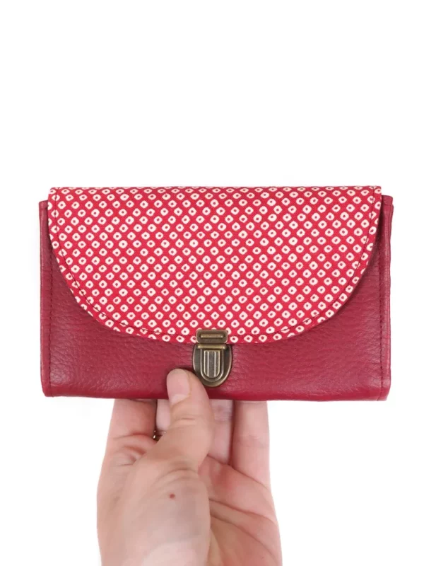 Porte monnaie femme cousu main en France attache cartable bordeaux tissu imprimé rouge japonais points