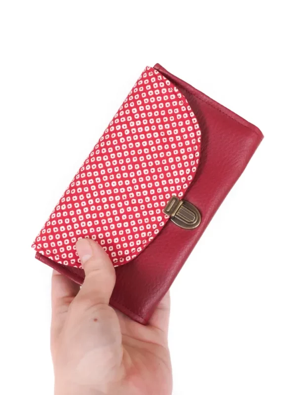 Porte monnaie femme attache cartable rétro simili cuir bordeaux tissu imprimé japonais rouge points