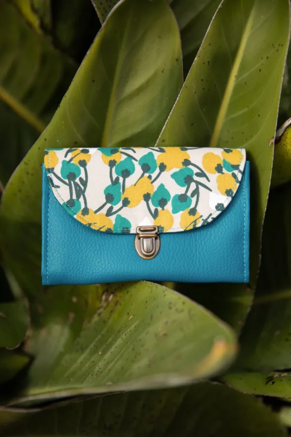 Porte monnaie femme attache cartable rétro simili cuir turquoise et tissu imprimé Mia