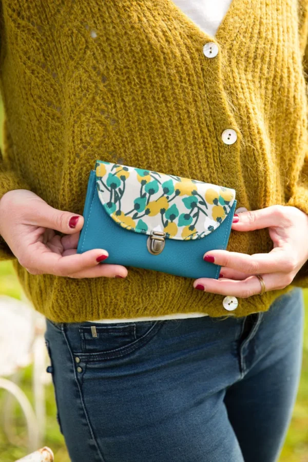 Porte monnaie femme fait main en France turquoise et moutarde Mia