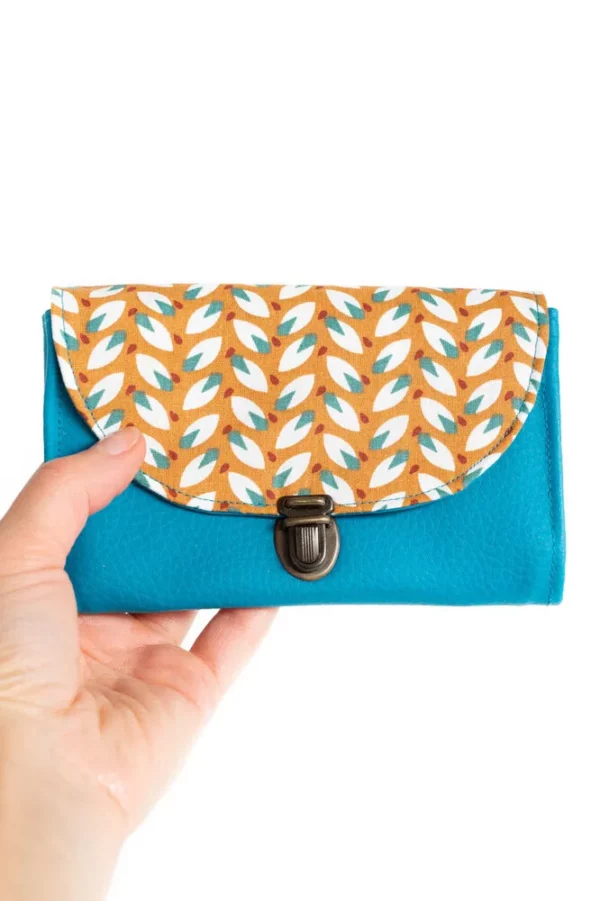Porte monnaie cousu main en Bretagne simili cuir turquoise tissu imprimé Moka