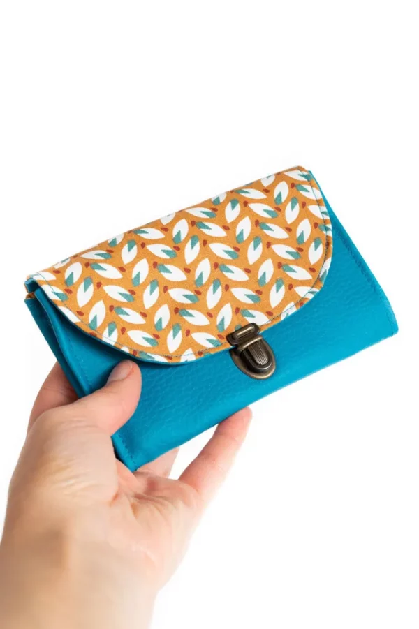 Porte monnaie Moka simili cuir turquoise tissu imprimé attache cartable rétro