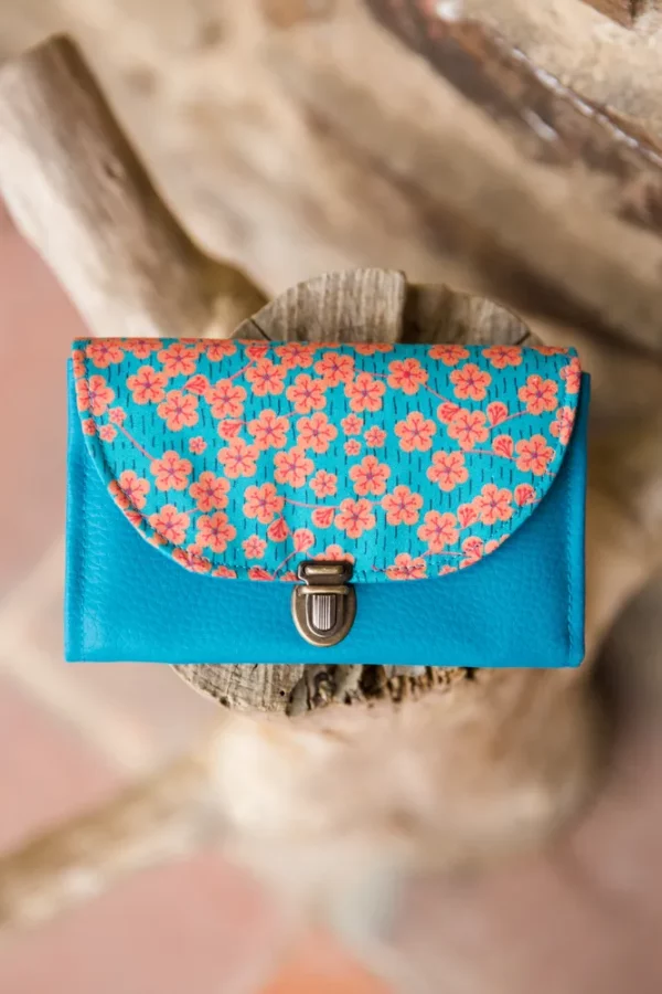 Porte monnaie fait main en France simili cuir turquoise tissu imprimé orange fleurs Lili