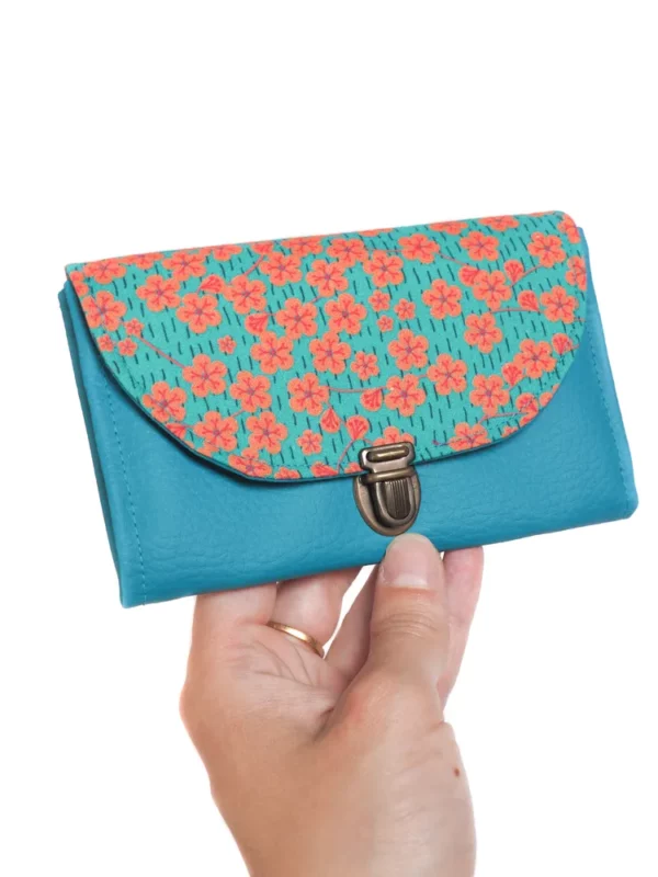 Porte monnaie attache cartable turquoise et orange fleurs