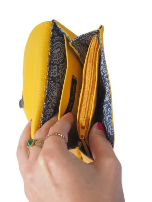 Porte monnaie jaune hirondelle intérieur poche zippée et compartiments cartes