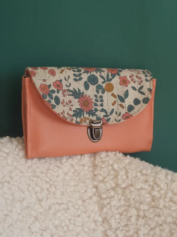 Porte monnaie femme cousu main simili cuir rose attache cartable rétro tissu imprimé fleurs Peach