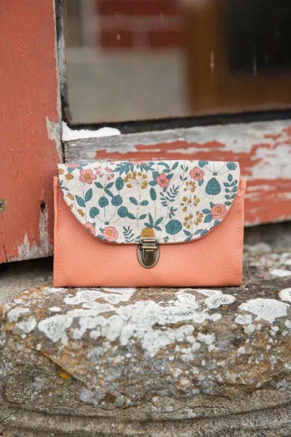 Porte monnaie femme fait main coloré simili cuir rose blush tissu imprimé fleurs Peach