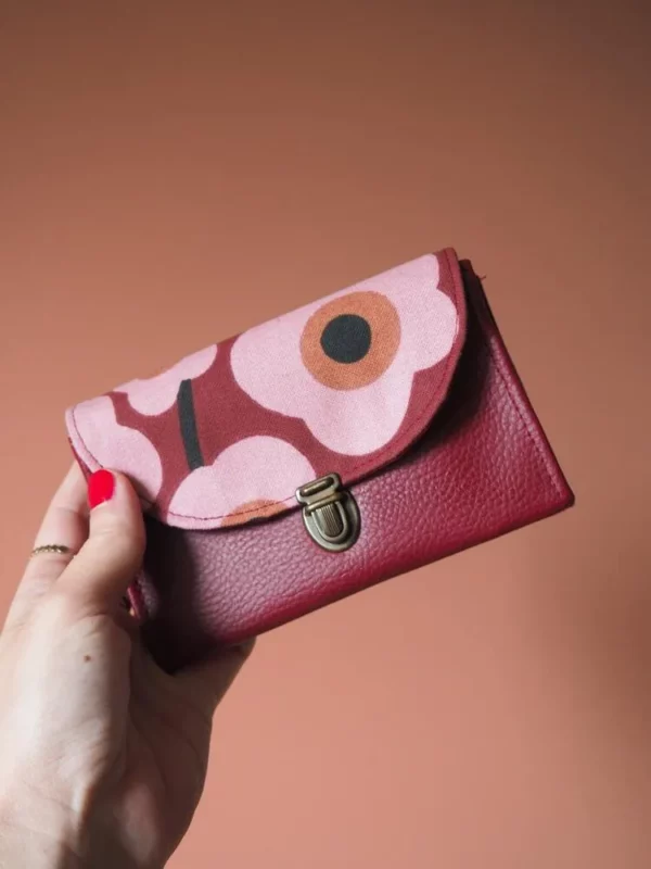 Porte monnaie femme cousu main bordeaux rose fleurs vintage Paulette