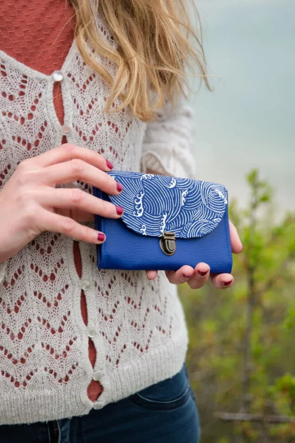 Porte monnaie femme fait main bleu Océan profil