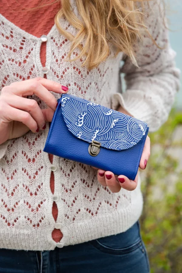 Porte monnaie femme bleu tissu imprimé vagues Océan fabriqué en France