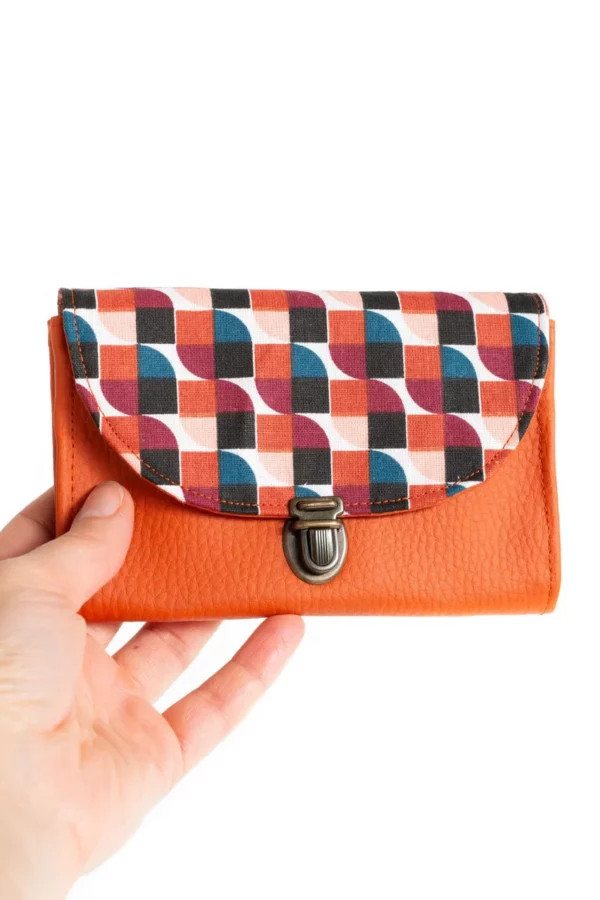 Porte monnaie femme attache cartable rétro simili cuir rouille tissu imprimé rétro vintage