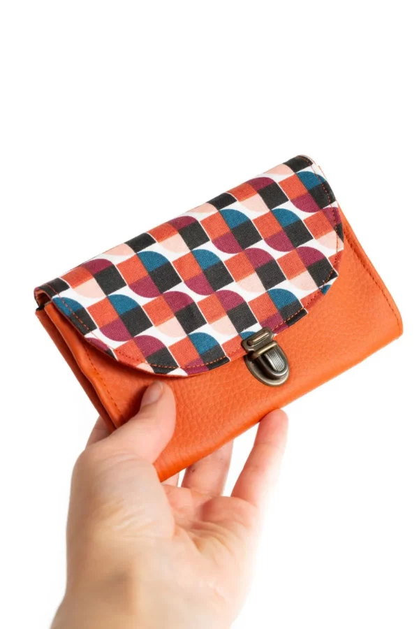 Porte monnaie femme coloré fait main simili cuir rouille tissu imprimé rétro clémentine