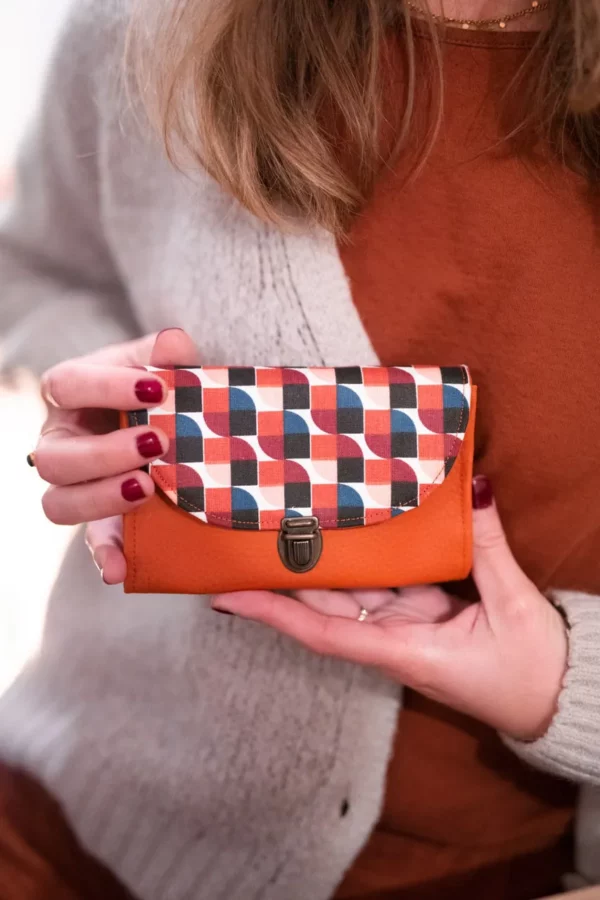 Porte monnaie fait main coloré rouille orange imprimé rétro