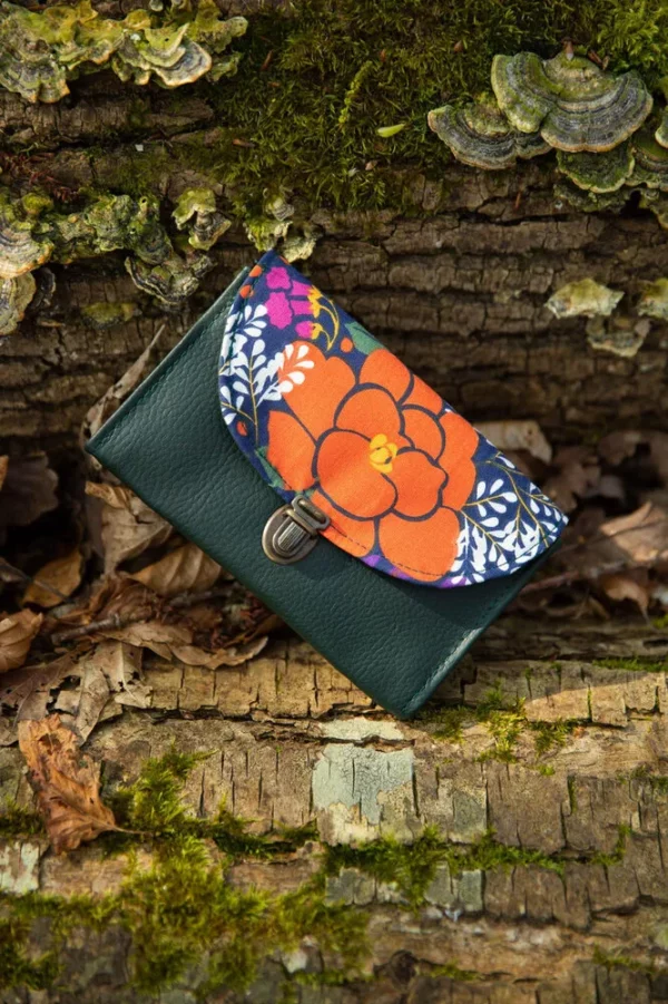Porte monnaie femme fait main Camille simili cuir vert tissu imprimé vintage fleurs