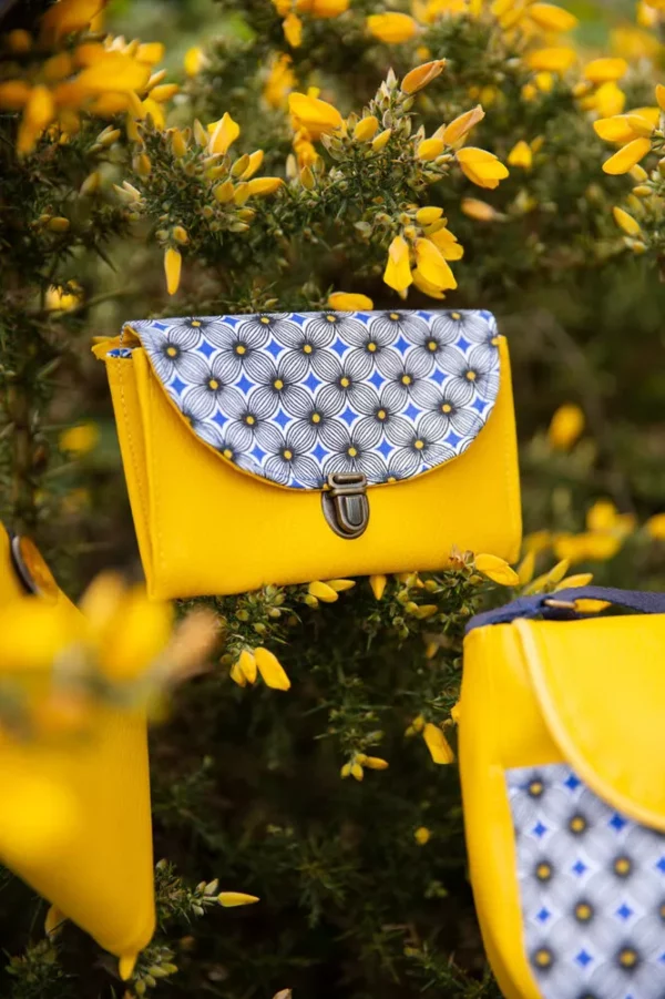 Porte monnaie femme fait main jaune bleu Sunny