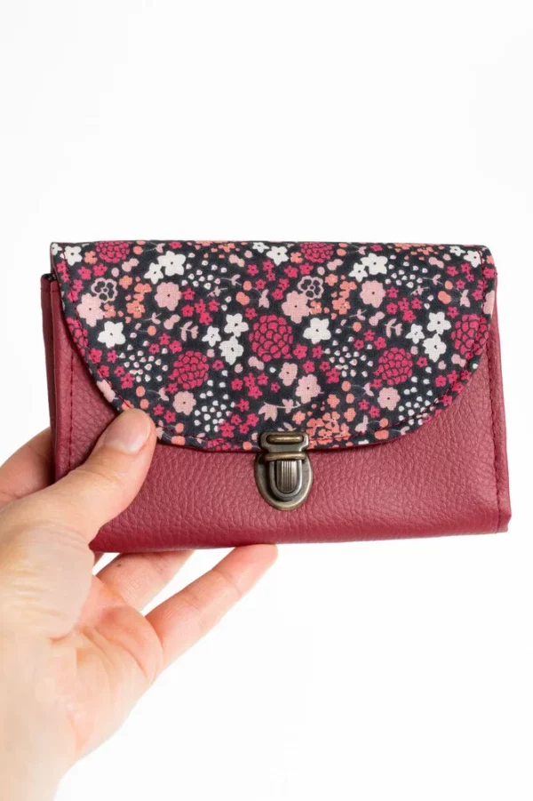 Porte monnaie femme fait main attache cartable rétro simili cuir bordeaux tissu imprimé fleurs Julie