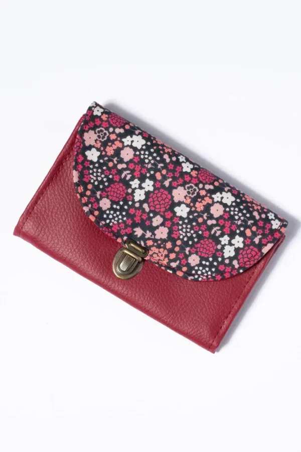 Porte monnaie cousu main en Bretagne simili cuir bordeaux tissu imprimé fleurs roses Julie