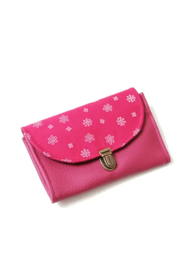 Porte monnaie femme fait main en France simili cuir fuchsia et tissu imprimé