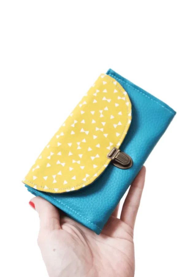 Porte monnaie fait main femme attache cartable rétro turquoise et jaune triangles