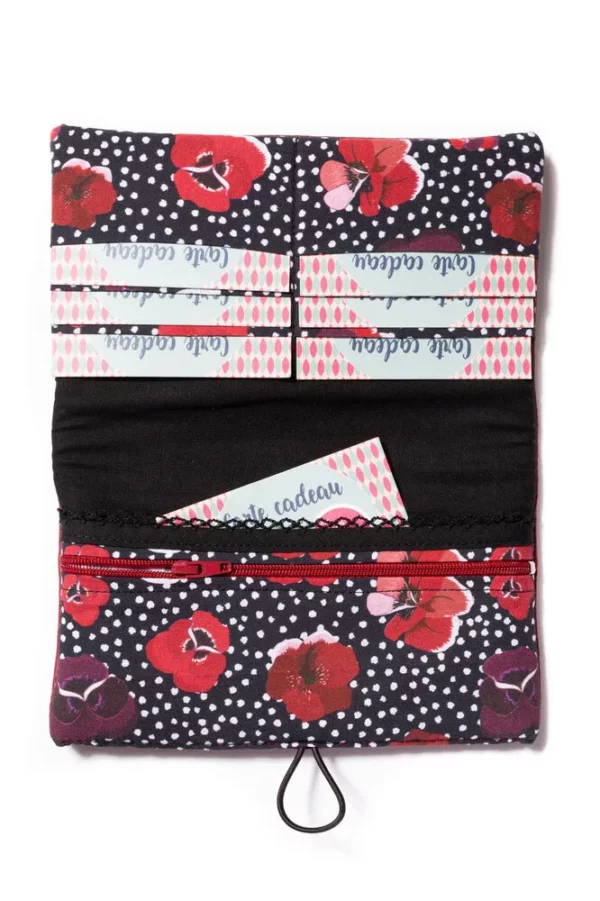 Portefeuille femme fait main tissu imprimé noir fleurs rouges Poppy