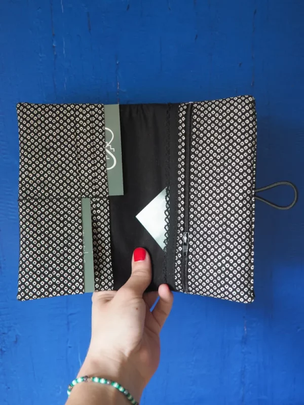 Portefeuille femme compagnon simili cuir noir tissu imprimé fleurs