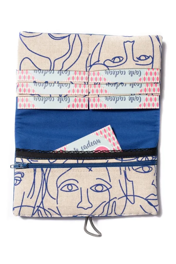 Portefeuille compagnon cousu main simili cuir bleu tissu imprimé visages Picassa poche zippée monnaie compartiments cartes