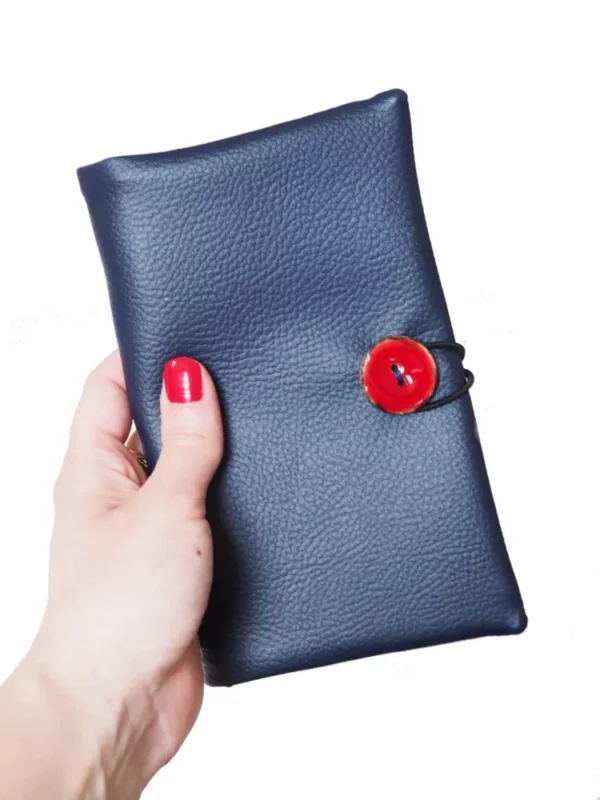 Portefeuille compagnon artisanal bleu rouge feuilles
