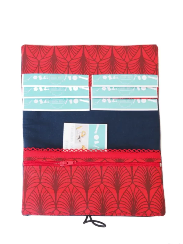 Portefeuille femme compagnon simili cuir bleu marine tissu imprimé rouge feuilles
