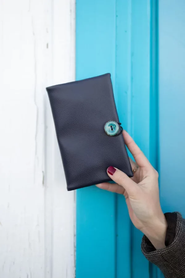 Portefeuille femme Isa cousu main bleu marine turquoise