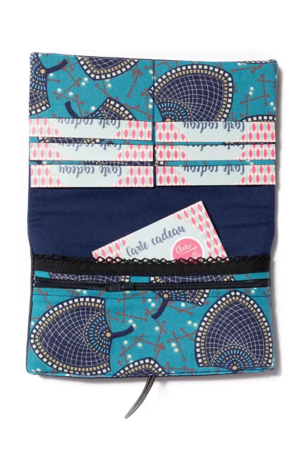 Portefeuille Isa fait main en France simili cuir bleu marine tissu imprimé Isa